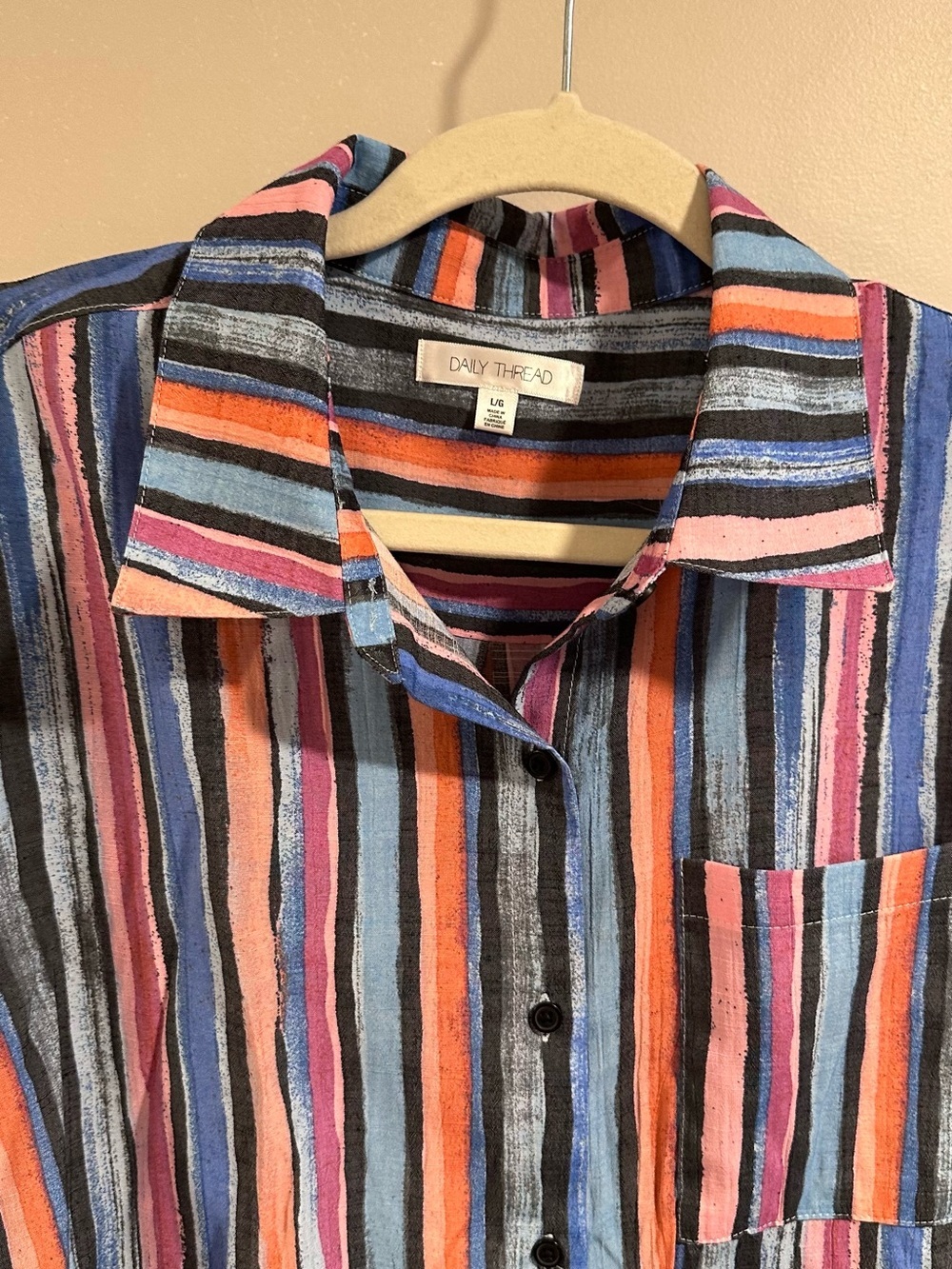 Daily Thread Multicolor Striped Button Down Top Ruched Tie Sleeves Rayon Blend L - Picture 6 of 14